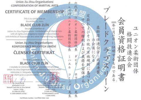Členský certifikát Union Jiu-Jitsu Organisations vystavený klubu Blade Club Zlín 21. listopadu 2022